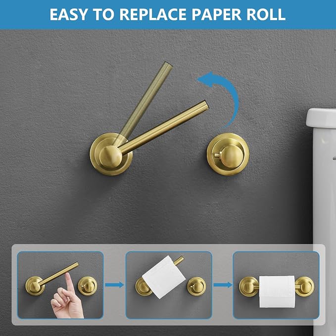 RUMOSE Toilet Paper Holder and Hand Towel Ring Brushed Gold Wall Mount Bathroom - Image 4