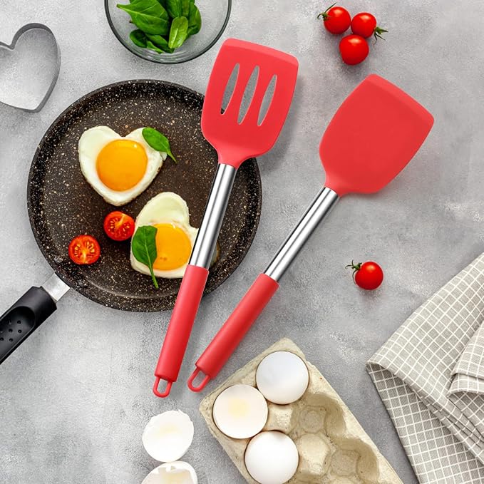 Silicone Spatula Set of 2, E-far Solid & Slotted Turner - Image 5
