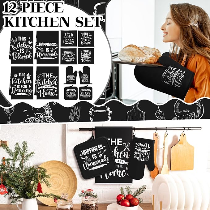 12 Pcs Farmhouse Kitchen Decor and Accessories Sets 4 Black Kitchen Towels 4 - Image 2