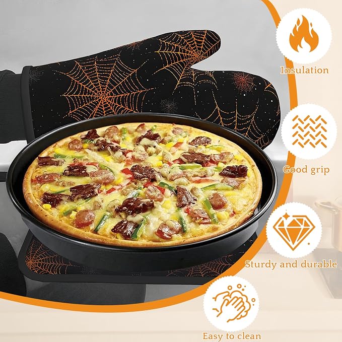 Halloween Oven Mitts and Pot Holders Set, Spider Web Kitchen Decor Heat - Image 4