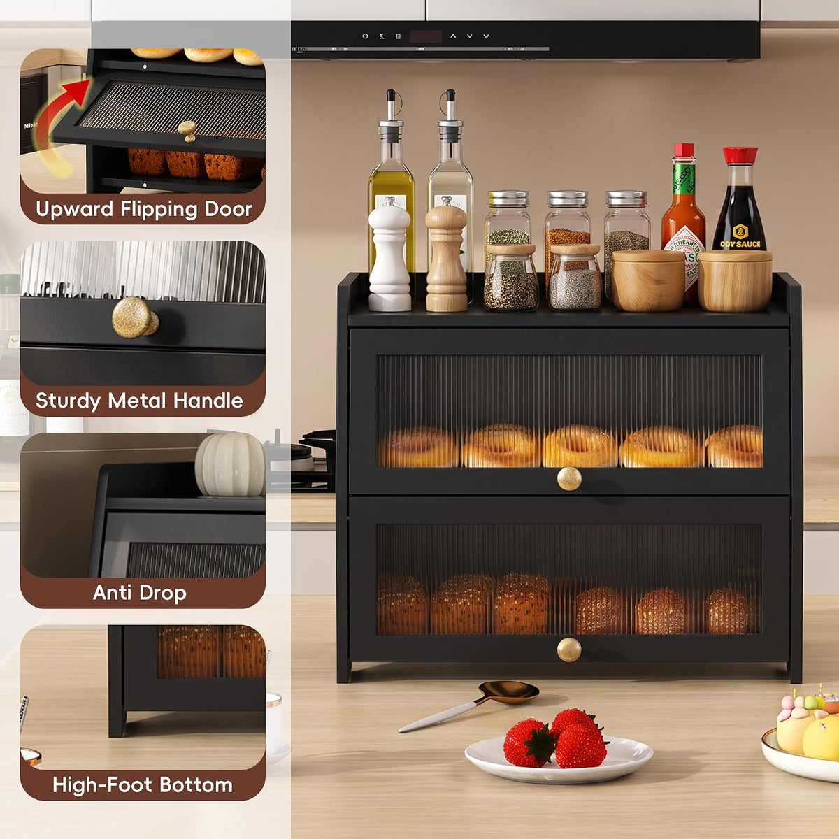 Bread Box for Kitchen Countertop, Double Layer Pine Wood Breadbox