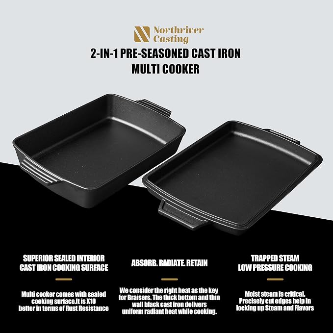 Northriver Casting 2-In-1 Pre Seasoned Cast Iron Dutch Oven - Image 3