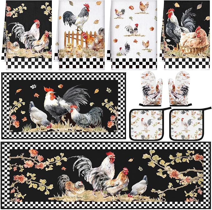 Fourluoo 10 Pcs Rooster Kitchen Dish Towels Rugs Oven Mitts and Pot Holders Set by Fourluoo