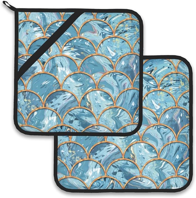 Mermaid Fish Scales Marble Pot Holder Set of 2, Heat Resistant Potholders Oven by Larkverk