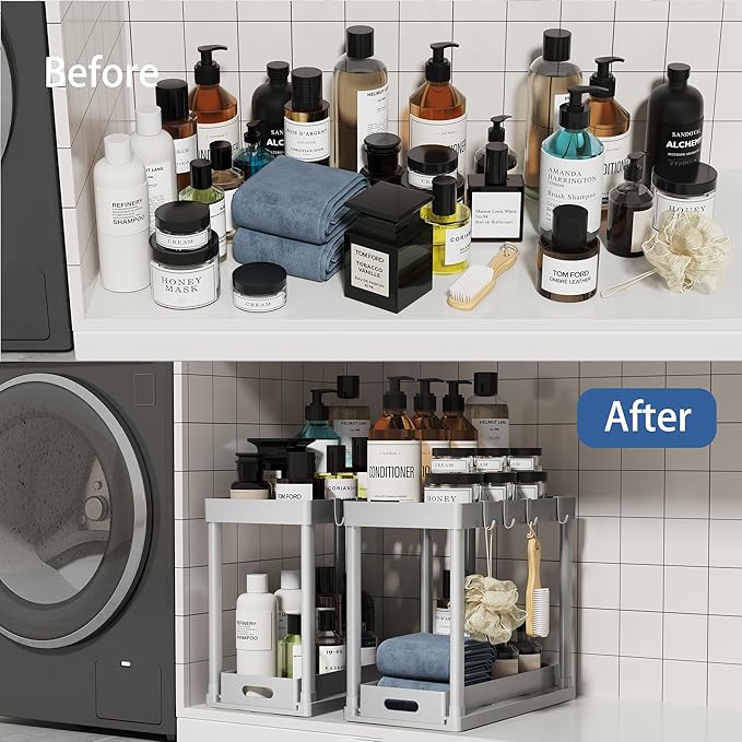 2PC Under Sink Organizer Rack 2 Tier Under Sliding Cabinet Basket Organizer - Image 3