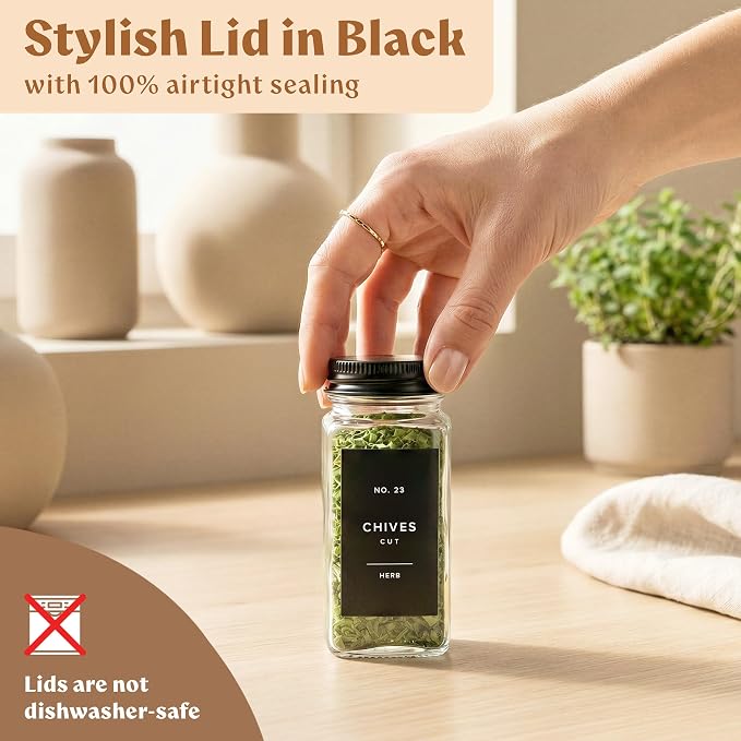 EDELHAUS Glass Spice Jars with Label and Black Aluminium Lids Spice Containers - Image 5