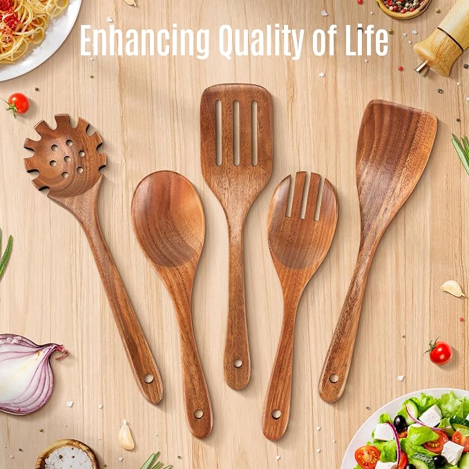 5 PCS Wooden Spoons for Cooking Natural Teak Kitchen Utensils Set Smooth - Image 8