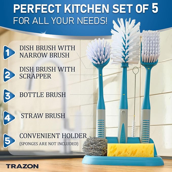 Dish Brush Set of 5 with Convenient Holder, Bottle Water Brush, Dish Scrub Brush - Image 2