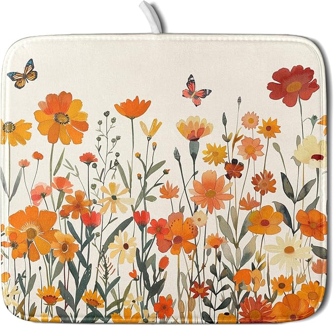 Fall Orange Wildflower Dish Drying Mat by Anyako