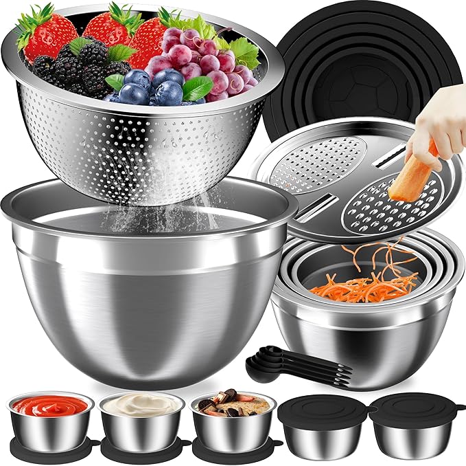 Mixing Bowls with Lids Set, Metal Salad Bowls with Colander, Grater & Dressing by AUFETQ