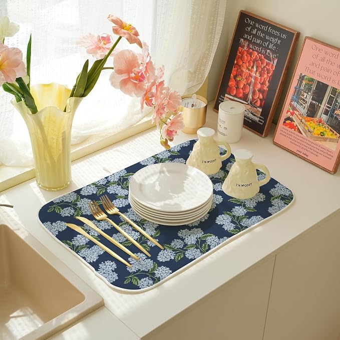 Navy Blue Dish Drying Mat 18x24 Inch Blue Green Vintage Floral Hydrangea Flower - Image 7