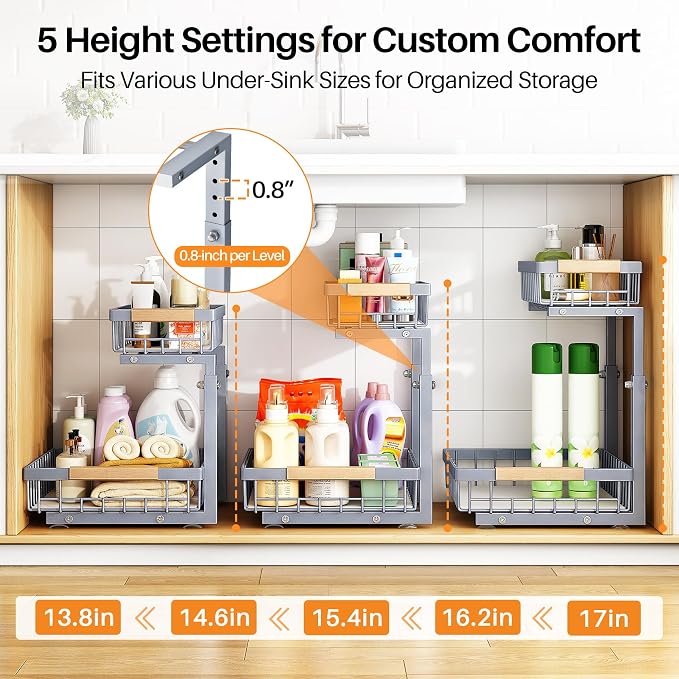 PXRACK Under Sink Organizer, Adjustable Height, 2 Tier Pull Out Under Cabinet - Image 5