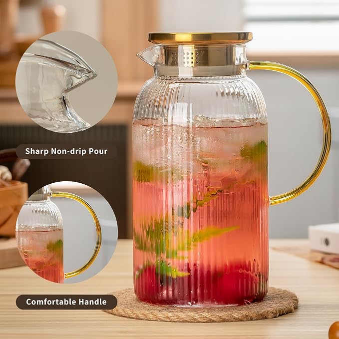 Buaic Glass Pitcher with Lid, 68 oz/2 Liter Classic Vertical Stripes Water - Image 3