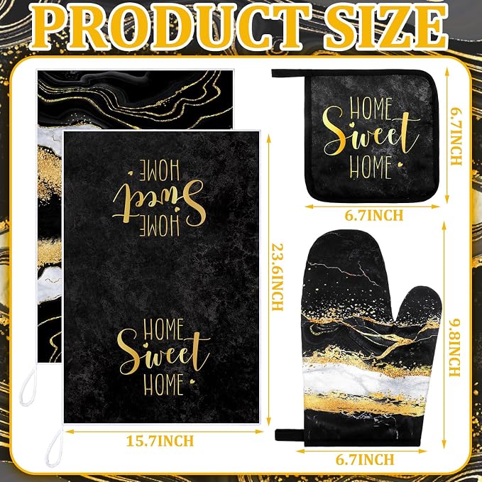 Leinuosen 8 Pcs Black Marble Kitchen Decor Dish Towels and Oven Mitts Sets Pot - Image 3