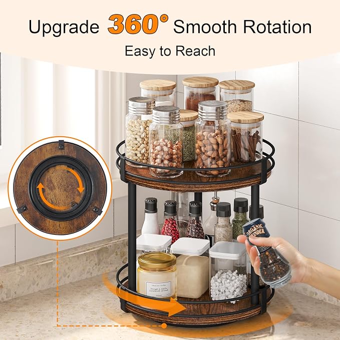 Snughome Rotating Spice Rack, 2 Tier Lazy Susan Organizer, Wood Kitchen - Image 3