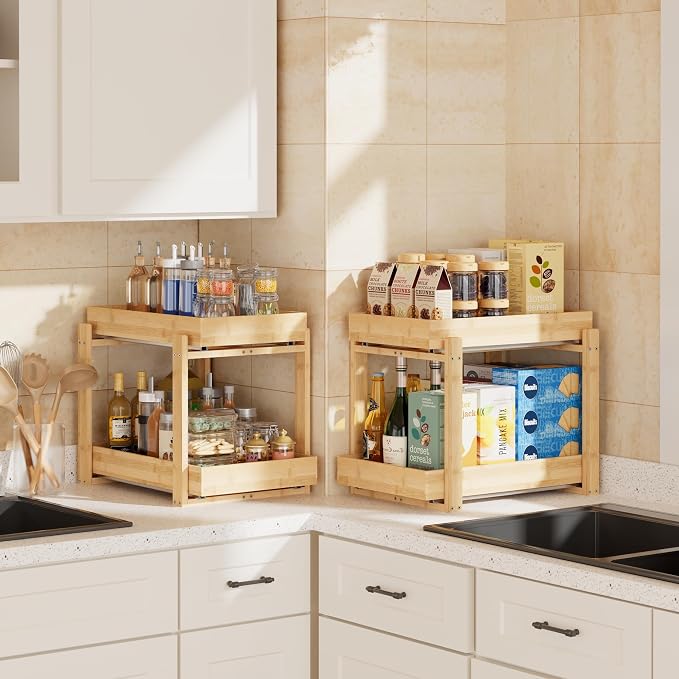 APRTAT 2 Pack Under Sink Organizer, Bamboo Wooden 2-Tier Pull-Out Storage - Image 4