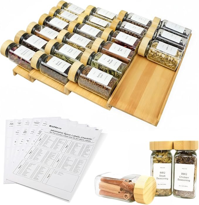Spice Drawer Organizer with 24 Bamboo-lidded Spice Jars, 216 Labels, 25 by KitHero