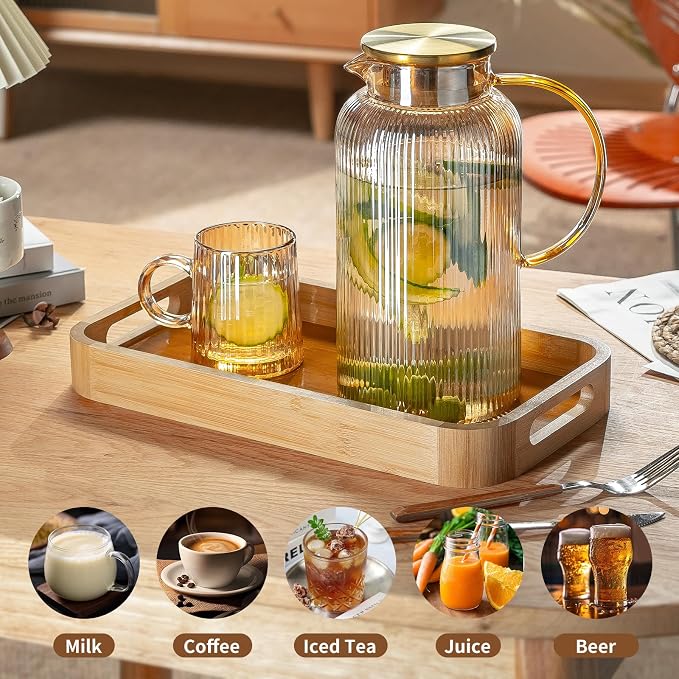 Buaic Glass Pitcher with Lid, 84oz/2.5 Liter Amber Classic Vertical Stripes - Image 5