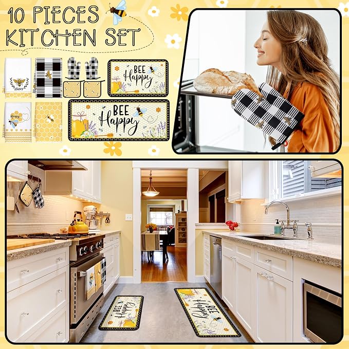 Fourluoo 10 Pcs Bee Kitchen Decor Set Honey Bee Dish Towels Rugs Oven Mitts and - Image 2