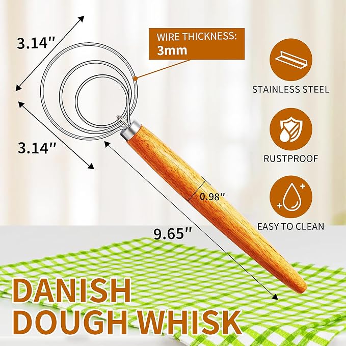 TEEVEA Danish Dough Whisk for Bread Sourdough, Wooden Handle & Stainless Steel - Image 2