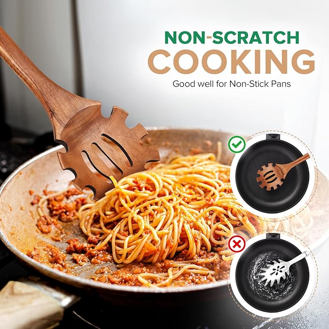 Wooden Spoons for Cooking, Teak Wood Soup Ladle&Slotted Pasta Fork Strainer - Image 5
