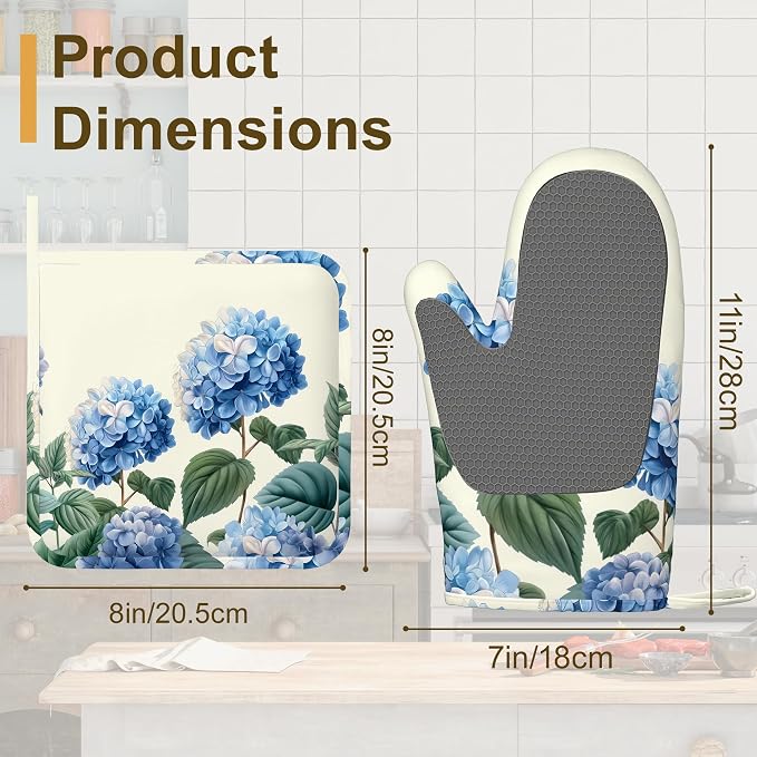 Blue Hydrangea Flower Spring Oven Mitts and Pot Holders Set of 4, Heat - Image 2