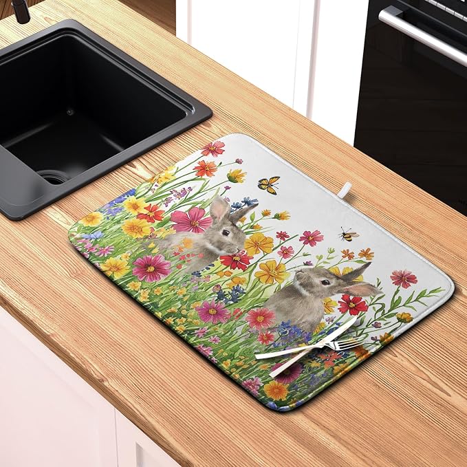Easter Dish Drying Mat for Kitchen Counter Easter Bunny Flowers Dish Drying Pad - Image 6