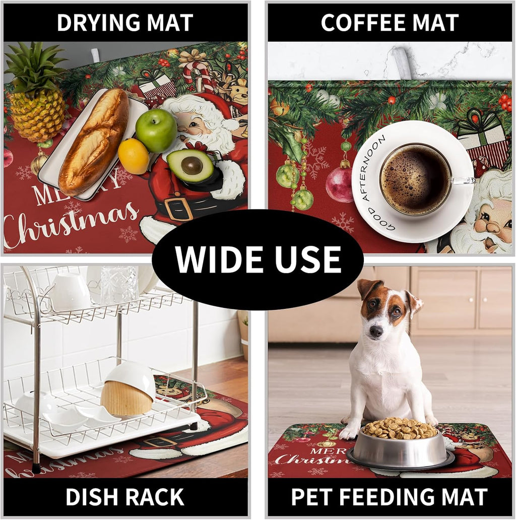 Merry Christmas Dish Drying Mat Santa Claus Kitchen Drainer Mats