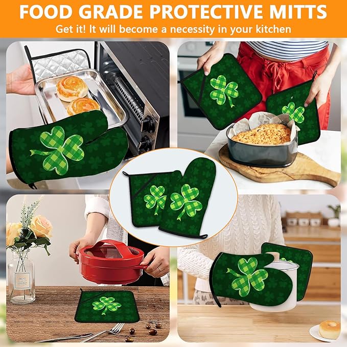 Green Clover Oven Mitts and Pot Holders Sets 4Pcs, Extra Long Oven Gloves - Image 7
