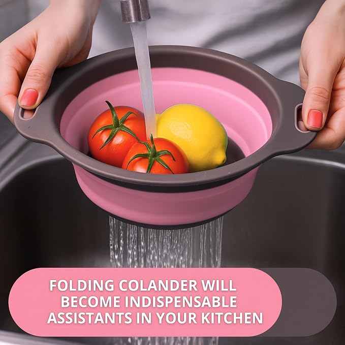 Pink Round Silicone Colander Collapsible – Foldable Kitchen Strainer Small - Image 6