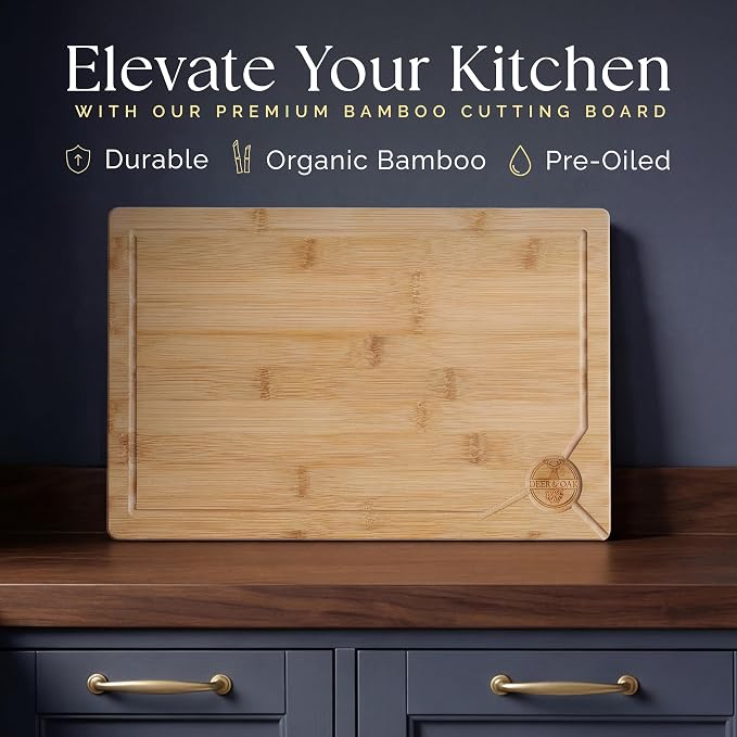 Deer & Oak Large Bamboo Chopping Board 15" x 9.8" x 0.8", Premium Wooden - Image 3