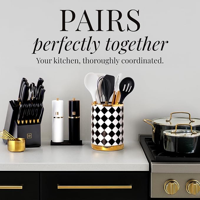 STYLED SETTINGS Black & White Checkered Utensil Holder Set – Large Ceramic - Image 6
