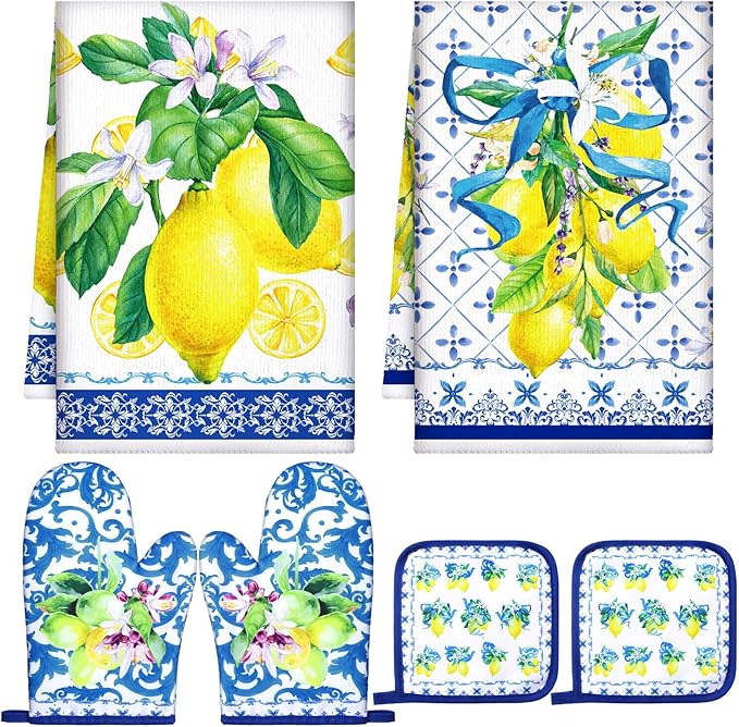 Bencailor 6 Pcs Lemon Kitchen Towels Oven Mitts and Pot Holders Set Decorative by Bencailor