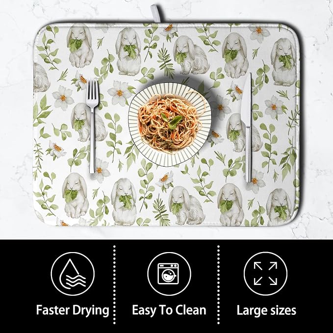 Easter Bunny Floral Drying Mat for Kitchen Counter Spring Easter Rabbits Green - Image 4