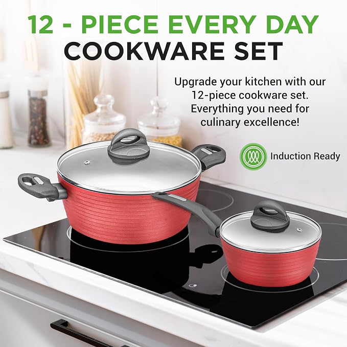 NutriChef 12-Piece Nonstick Kitchen Cookware Set-PTFE/PFOA/PFOS-Free Heat - Image 2