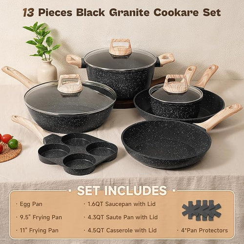 13 Pcs Pots and Pans Set, Nonstick Cookware Sets Black Granite Induction - Image 2