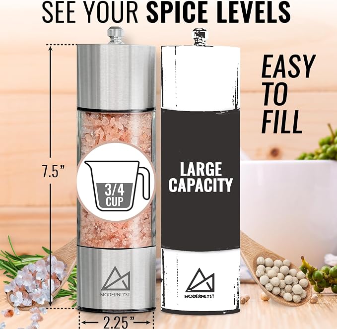 Salt and Pepper Grinder Set Manual 2 Pack | Large Round Salt and Pepper Shakers - Image 3