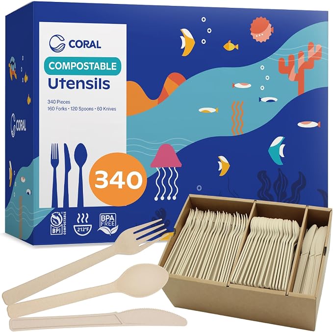 CORAL Light Brown 100% Compostable Silverware Set 340 Pieces by CORAL