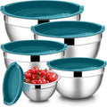 E-far Mixing Bowls with Teal Blue Lids Set of 5, Stainless Steel Mixing Bowls by E-far