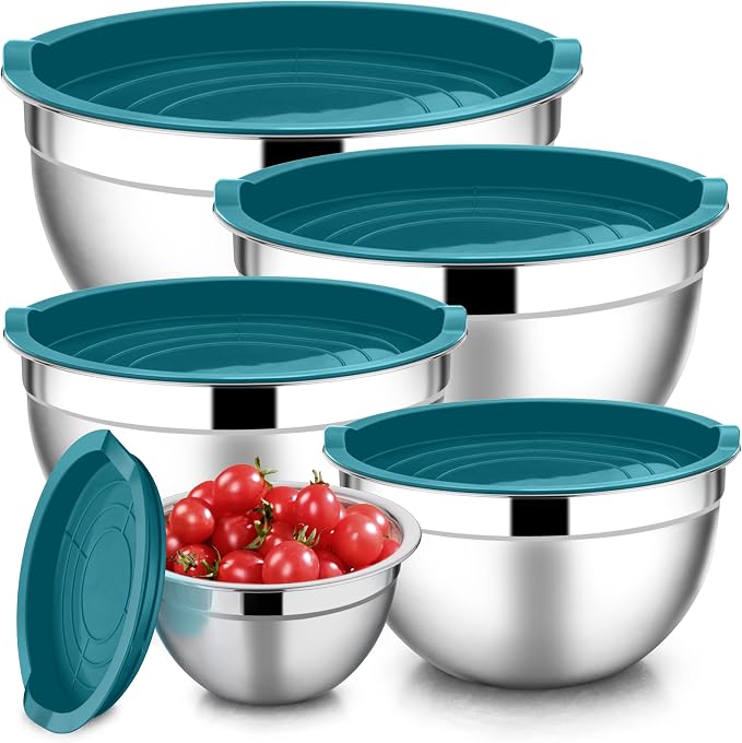 E-far Mixing Bowls with Teal Blue Lids Set of 5, Stainless Steel Mixing Bowls by E-far