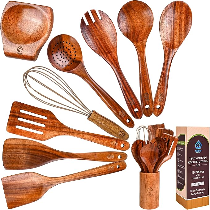 Teak Wooden Utensil Set 10 Piece, Kitchen Cooking Utensils - Image 2