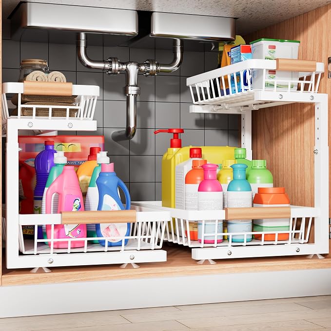 Under Sink Organizer, 2 Pack 2 Tier Under Sink Organizers and Storage, Slide by FAMIDGE