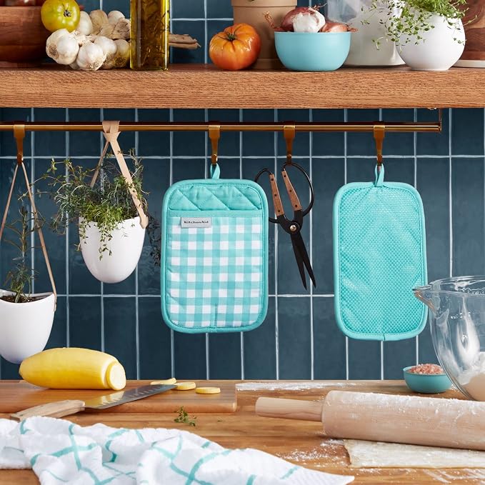 KitchenAid Gingham Pot Holder 2-Pack Set, Aqua Sky - Image 2