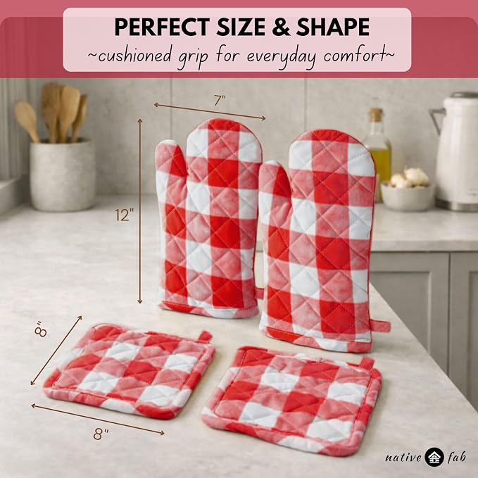 Native Fab Buffalo Plaid Check Oven Mitts and Pot Holders Set of 4, 100% Cotton - Image 8