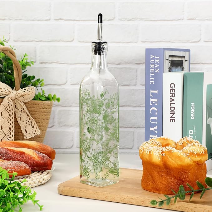 JarThenaAMCS Chinoiserie Olive Oil Dispenser Bottle Green Floral Glass Cruet - Image 4