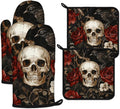 Halloween Skull Rose Crow Oven Mitts and Pot Holders Sets Heat Resistant 4Pcs by ANTJOO