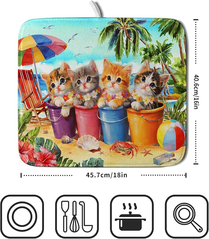 Lovely Cat Dish Drying Mat for Kitchen Counter Holiday Beach Absorbent Coffee - Image 2