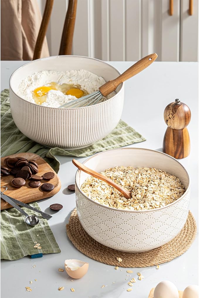 Mikiegy Ceramic Mixing Bowls Set of 2, Nesting Ceramic Embossment Stoneware - Image 5