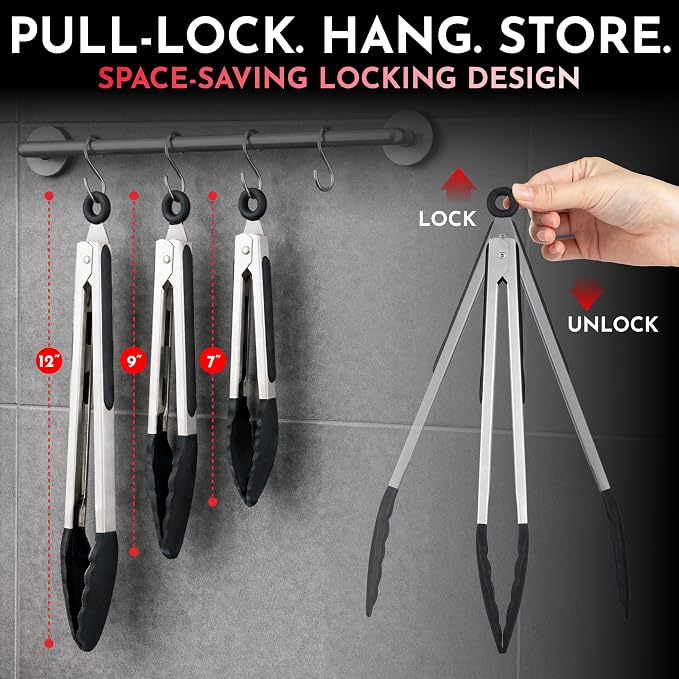 Kitchen Tongs with Silicone Tips Set of 3 Heat Resistant Tongs - Image 2