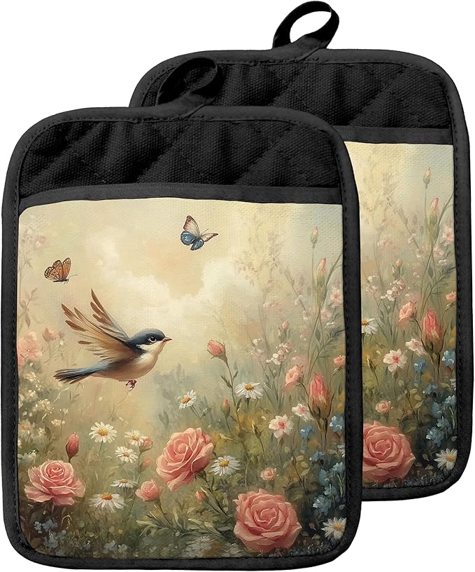 Rustic Floral Bird Pot Holders by Unknown